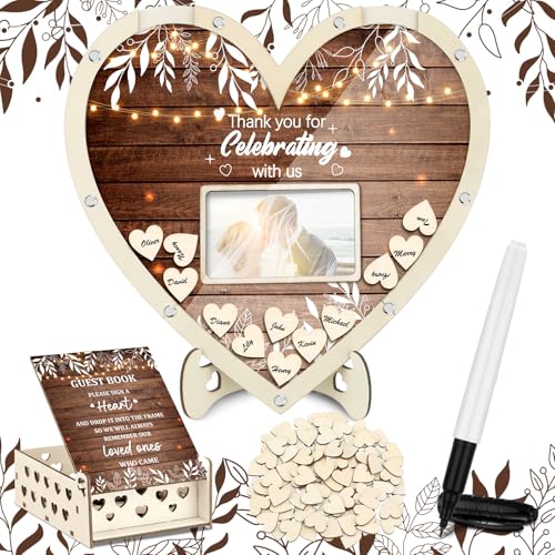 Chunful Hearts Guest Book Alternative with 100 Wooden Hearts Chips Box and Pen Brown Wooden Heart Picture Frame Rustic Guest Book Reception for Wedding Baby Shower Birthday Ceremony(Classic) | Drop Box with Photo Frame and Pen, Rustic Decor for Reception