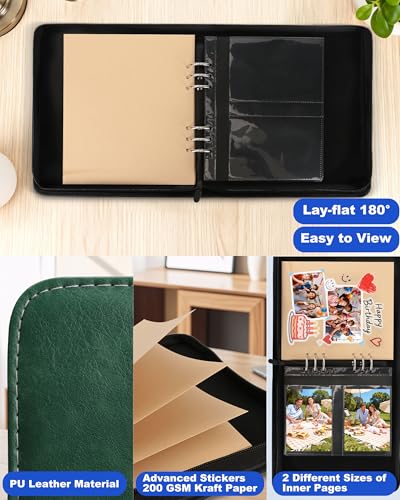 Leather Photo Album 4x6 200 Photos, DIY Scrapbook with 50 Sheets and 20 Blank Kraft Sheets, Travel Souvenir Diary Photo Book for Family Wedding Baby and Holiday Pictures - color: Green