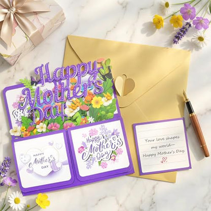 Happy Mothers Day Card, Pop Up Mothers Day Cards for Mom Wife Grandma, Unique Flowers & Butterfly Design Mothers Day Gifts with Heart-Shaped Closure Envelope & Blank Notecard - color: Happy Mothers Day