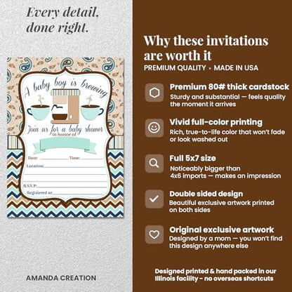 Amanda Creation 20 Baby Shower Invitations with Envelopes – A Baby is Brewing Coffee Themed Fill-In Cards for Baby Boy Sprinkle, 5x7 Blank Invites, Made in USA - style: Coffee