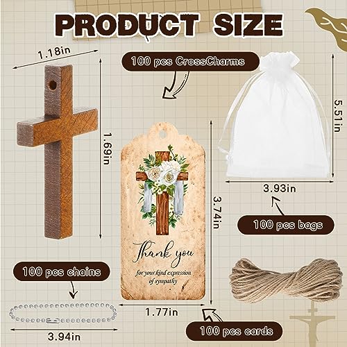 Tradder 100 Set Funeral Favor for a Memorial Service with 100 Wooden Cross Keychain Funeral Thank You Card Organza Bag Guest Sympathy Gift for Remembrance Bereavement Celebration of Life(Cross) - style: Cross