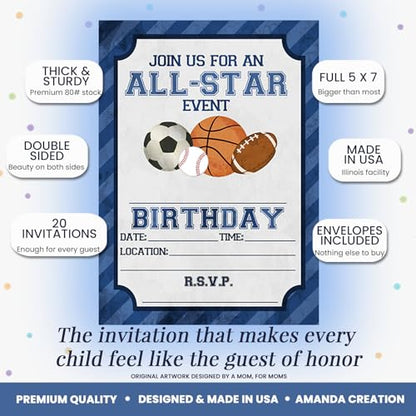 Blue All Star Sports-Themed Birthday Party Invitations for Boys, 20 5x7 Fill In Cards with Twenty White Envelopes by AmandaCreation - style: Blue All Star