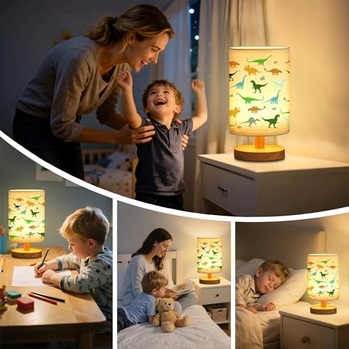 WSYEAR Dinosaur Kids Table Lamp for Bedroom Kids Bedside Lamp with Linen Wooden Nightstand Cartoon Nursery Lampshade for Girls Boys Living Room - color: Dinosaur