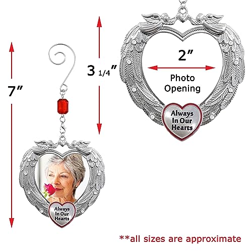 Memorial Photo Ornament Always in Our Hearts, Heart-Shaped Angel Wing Remembrance Ornament with Clear Gems, Sympathy Christmas Ornament with Gift Storage Bag, Holds 2" Photo, 3.25"