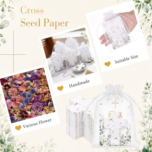 Crtiin 50 Sets Christian Favors Cross Shaped Wildflower Petal Seed Paper with Faith Plant The Seed Love Make It Grow Cards and Organza Bags for Religious Baptism Funeral Celebration of Life Gift - style: Cross Shaped