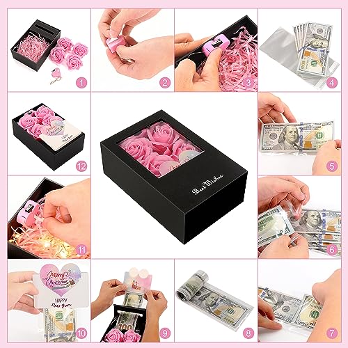 Money Box for Cash Gift Pull, Money Gift Boxes for Cash on Birthday, Christmas, Graduation, Mother's Day, for Husband, Wife, Girlfriend, Mother With Soap Rose Flower and Greeting Cards (Black+Pink) - color: Black+Pink
