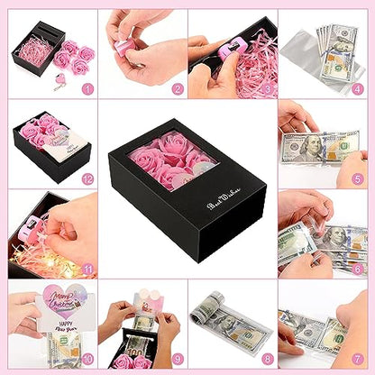 Money Box for Cash Gift Pull, Money Gift Boxes for Cash on Birthday, Christmas, Graduation, Mother's Day, for Husband, Wife, Girlfriend, Mother With Soap Rose Flower and Greeting Cards (Black+Pink) - color: Black+Pink