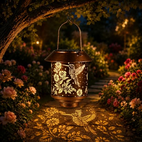 Solar Lantern Outdoor Hanging Gifts for Women Mom Grandma(Hummingbirds ) | Metal Garden Lantern with Flower Shadow Projection, Decorative Solar Light for Patio Porch Yard Tree Garden Lovers - color: b-Hummingbird-1PC