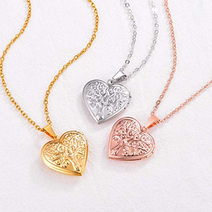 U7 Women Locket Necklace, Heart Photo Lockets Hold Picture, Gift Box Packed | Gold/Silver/Rose Locket Charm, Custom Picture and Engravement Heart Pendant, 20" Chain, Personalized Gift for Mom Wife Friend - color: 04# Rose Gold(Tree of Life)