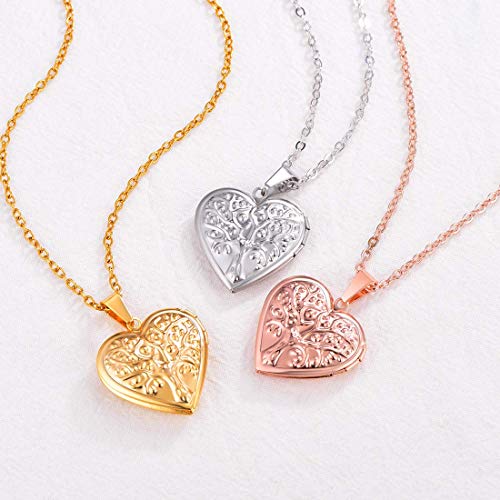 U7 Women Locket Necklace, Heart Photo Lockets Hold Picture, Gift Box Packed - color: 04# Rose Gold(Tree)
