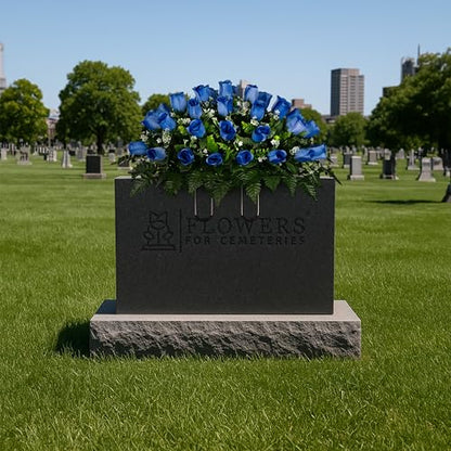 30" Headstone Flower Saddle Artificial Cemetery Flowers - Gravesite Flowers - Blue Roses - color: Blue Roses, size: (1) Saddle