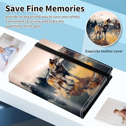 Photo Album 4x6 120 Pockets Photos with Elastic Band, Cute PU Leather Photo Books Small Mini Capacity Picture Album for Family Wedding Travel Anniversary Baby Vacation Pictures, Wolf Art - color: Wolf Art
