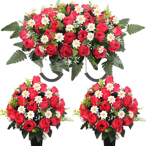 Wocst 3Sets Cemetery Decorations for Grave Large Headstone Flower Saddle Grave Silk Flowers with Vases for Outdoor Grave Decoration(Red) - color: Red, size: 2 Bouquet and 1 Saddle