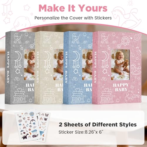 Baby Photo Album 4x6 300 Pockets with Memo Area, Photo Stickers & Hand and Footprint Kit, Linen Cover Baby Memory Book with Front Window, First Year Keepsake for Newborn Boy Girl - color: Pink