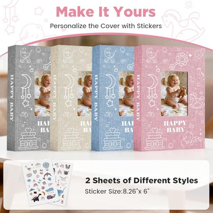 Baby Photo Album 4x6 300 Pockets with Memo Area, Photo Stickers & Hand and Footprint Kit, Linen Cover Baby Memory Book with Front Window, First Year Keepsake for Newborn Boy Girl - color: Pink