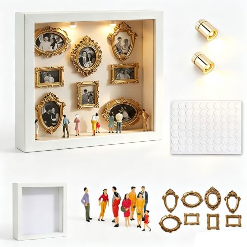 Mini Museum Silhouette Shadow Box Frame, DIY Memory Display Photo Craft Kit with LED String Lights, Mini Gold Frames & Figurines, Keepsake Box for Wedding Anniversary Family Milestone Gift - color: White