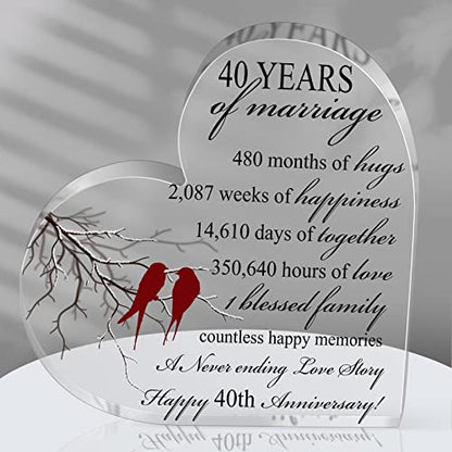Qunclay 40th Years of Marriage Gift Wedding Anniversary Souvenir | Heart Marriage Keepsake Decoration, 40th Present for Couple Parent Women Mom Husband Wife He She Friend Grandparents - style: 40th