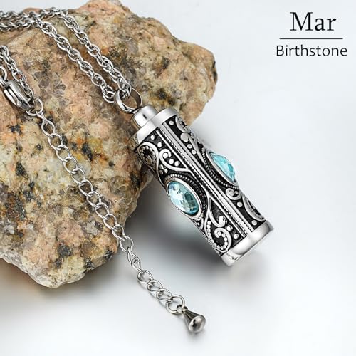 XIUDA Crystal Cremation Urn Necklace for Ashes Keepsake Stainless Steel Memorial Pendant with Flower - color: Water Blue