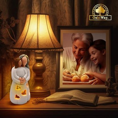 Hand-Painted Grandma-Granddaughter Candle Holder Statue Gift, with Flickering LED Candle | Gigi Grandmother Birthday Gift, Unique Nana Present Ideas for Christmas, Greeting Card Included - color: Grandma & Granddaughter (Light Brown)