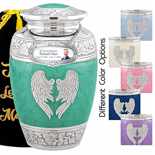Personalized Medallion Teal Angel Wings Cremation Urns for Adult Ashes Male Female - 200lbs Burial Human Handcrafted Funeral Decorative with Velvet Bag - color: Teal Angel Wings Free Personalized Medallion