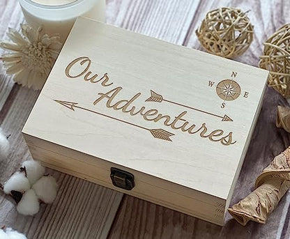 Our Adventures Wooden Keepsake Box - 8.5x6x3 Inch Natural Color Memory Box, Perfect 5th, Unique Travel-Themed Gift Idea, Durable Handcrafted Wood, Ideal for Couples, Christmas Box - color: Natural Our Adventure