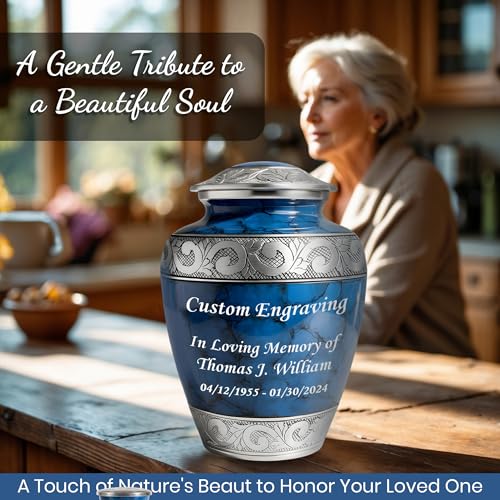 Set of 6 Custom Engraved Cremation Urns for Human Ashes Includes 1 Large Urn with 4 Small Keepsakes & 1 Silver Necklace - Fire Blue - color: Fire Blue Custom Urn Set