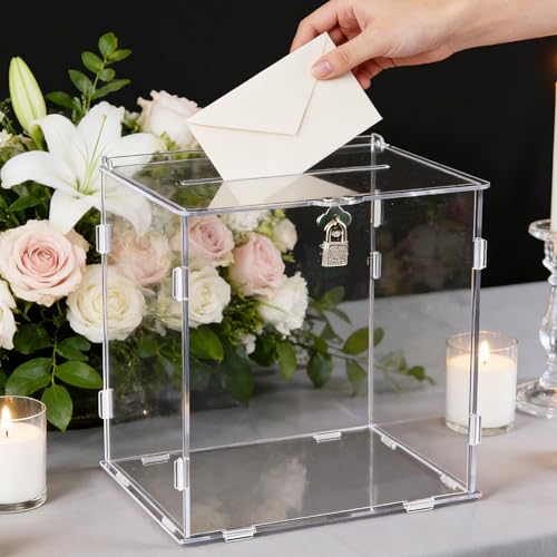 Pure Clear Acrylic Card Box with Slot & Lock, DIY Large Wedding Card Boxes for Reception, Elegant Money Envelop Gift Cards Box for Party Wedding Birthday Baby Shower Graduation Table Decor - style: Minimalist