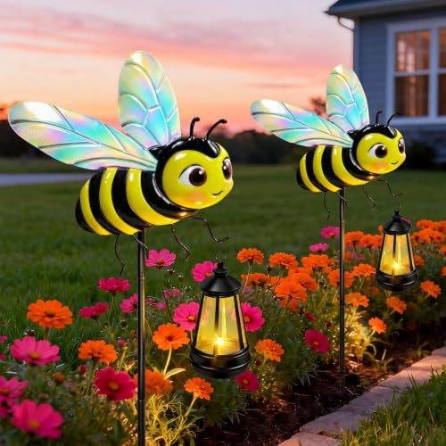 Solar Garden Light Outdoor, Waterproof Metal Bee Stake with Lantern 2 Pack | Solar Bee Lantern with Warm Glow, Waterproof Metal Yard Art for Garden, Patio and Lawn, Gift for Women and Mom - color: Bee 2 pack