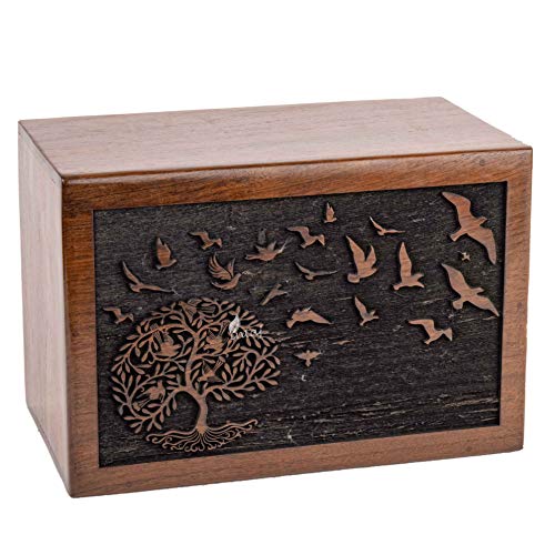 Rosewood Urn for Human Ashes, Tree of Life with Birds, X-Large 380 lb | Hand-carved solid sheesham rosewood, screw-locked sliding base, engraving available, holds up to 380 lb - color: Tree of Life With Birds, size: X-Large (380 lb)