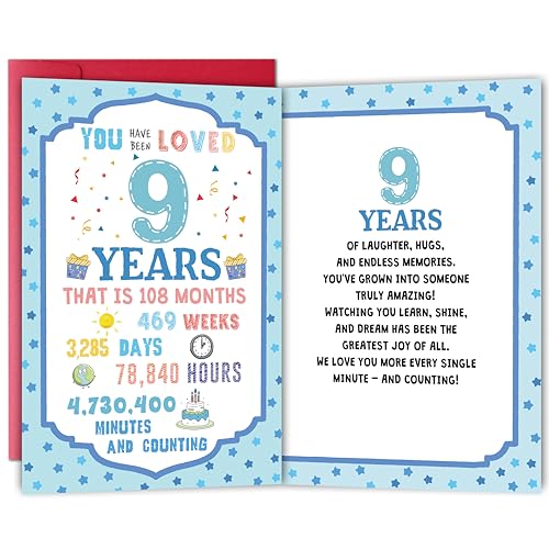 Cute 9th Birthday Card for Girls Boys, Sweet Nine Years Loved Greeting Card from Mom Dad, 9 Years Old Birthday Gift for Son Daughter Kids - color: 9th