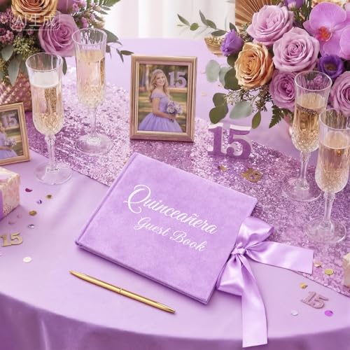 Panelee Velvet Quinceañera Guest Book with Pen Purple Sign in with Bow 15 Year Anos Quince Book 144 Page Signature Guest Sign in Keepsake Album for Birthday Party Keepsake Gift - color: Purple