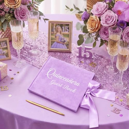 Panelee Velvet Quinceañera Guest Book with Pen Purple Sign in with Bow 15 Year Anos Quince Book 144 Page Signature Guest Sign in Keepsake Album for Birthday Party Keepsake Gift - color: Purple