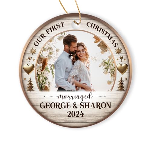Personalized Our First Christmas Married Keepsake - Custom Photo Ornament for Engaged Couples - Customized Name and Text Engagement Keepsake - color: Our First Christmas Married