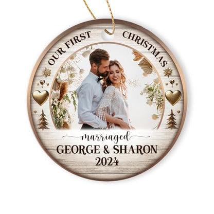 Personalized Our First Christmas Married Keepsake - Custom Photo Ornament for Engaged Couples - Customized Name and Text Engagement Keepsake - color: Our First Christmas Married
