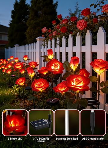 Brightown Solar Garden Lights, 4 Pack LED Rose Flower Lights Waterproof - color: Red Rose