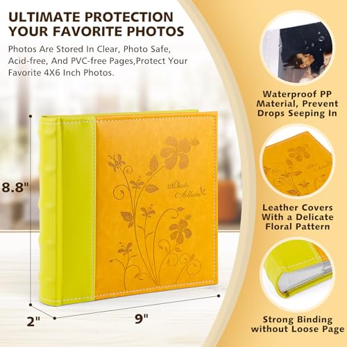 Photo Album Hold 200 4x6 Photos with Memo Writing Space (Orange&Yellow) | Faux Leather Picture Book Fits 4x6 Photo, 200 Pockets Great for Wedding Family Holidays - color: Orange & Light Yellow