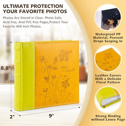 Photo Album Hold 200 4x6 Photos with Memo Writing Space (Orange&Yellow) | Faux Leather Picture Book Fits 4x6 Photo, 200 Pockets Great for Wedding Family Holidays - color: Orange & Light Yellow