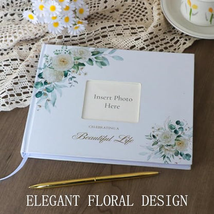 Funeral Guest Book for Memorial Service with Gold Pen and Table Sign Card