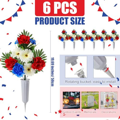 6 Sets Patriotic Memorial Bouquet with Vase Cemetery Flowers for Grave Red Blue Peony and White Mum Thank You Veterans Artificial Flowers 4th of July Funeral Headstones Bouquet Grave Decoration