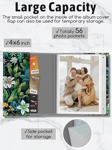 Photo Album 4x6, 56 Pockets Small Picture Book Flowers Floral | Mini Cute, Postcard Vacation Travel Wedding Graduation, PU Leather Family Grandma Child Mom Gift, Personalized Large Capacity - color: Flowers Floral