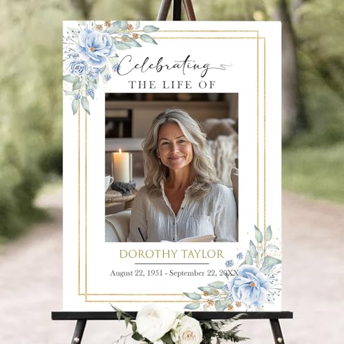 Personalized Funeral Welcome Sign – Celebration of Life Sign with Photo, Custom Memorial Sign with Floral Frame, Minimalist Memory Board for Funeral Décor (Design 6). - color: Design 6