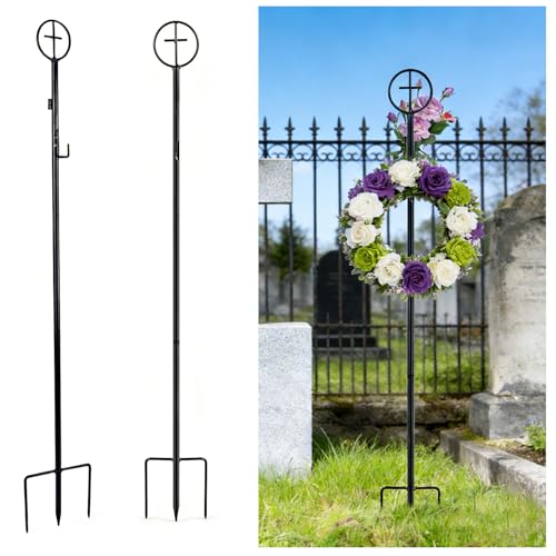 2Pcs Cemetery Wreath Stands, 38" Adjustable Metal Gravestone Wreath Holder - size: 2pcs Wreath Holders