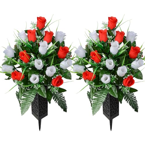 Artificial Cemetery Flowers for Grave, Artificial Rose Memorial Flowers with Vase for Cemetery Headstones Gravesites Decoration Long-Lasting Remembrance (White&Red) - color: White&red
