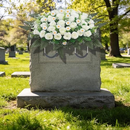 Wocst Headstone Flower Saddle,Large Artificial Cemetery Flowers for Grave Artificial Roses Daisy Saddle for Cemetery Headstone (White) - color: White