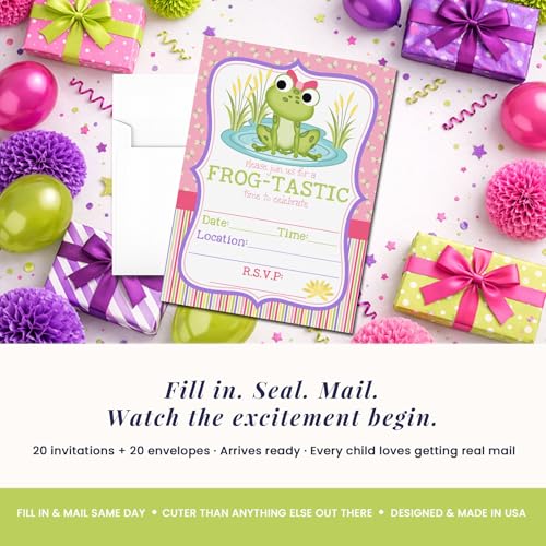 Amanda Creation Frog Birthday Invitations for Girls, 20 Pack 5x7 Fill-In Frog Party Invitations with White Envelopes, Cute Green Animal Birthday Cards, Made in USA - color: Little Frog