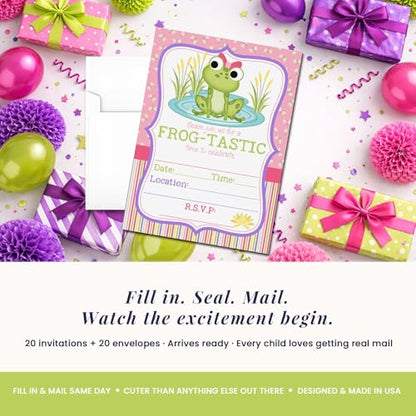 Amanda Creation Frog Birthday Invitations for Girls, 20 Pack 5x7 Fill-In Frog Party Invitations with White Envelopes, Cute Green Animal Birthday Cards, Made in USA - color: Little Frog