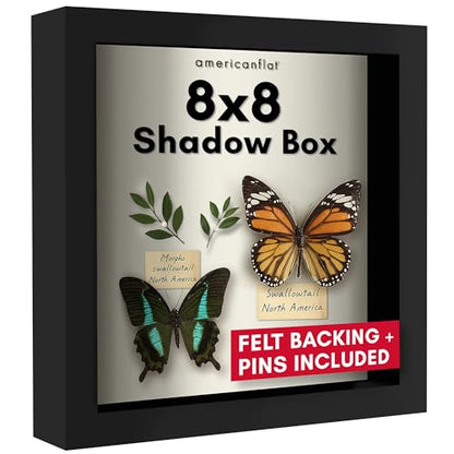 Americanflat 8x8 Shadow Box Frame with Shatter-Resistant Glass - Silhouette Collection - Small Shadow Box Display Case for Tabletop and Wall Display - Black with Soft Felt Back | Shatter-resistant glass, 1.5 inch interior depth, displays keepsakes, medals