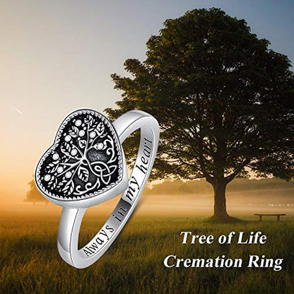 AOBOCO 925 Sterling Silver Heart Tree of Life Celtic Knot Cremation Urn Ring Holds Loved Ones Ashes, Always in My Heart Urn Ring for Ashes for Women, Memorial Keepsake Jewelry with Austrian Crystal