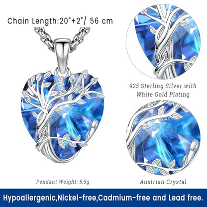 Eusense Tree of Life Necklace for Women Men Sterling Silver 925 Tree Urn Locket Cremation Jewelry Family Tree Pendant Gifts for Her Him Mom Dad Grandma Daughter - style: E-G-Tree of Life Necklace 09-Sapphire
