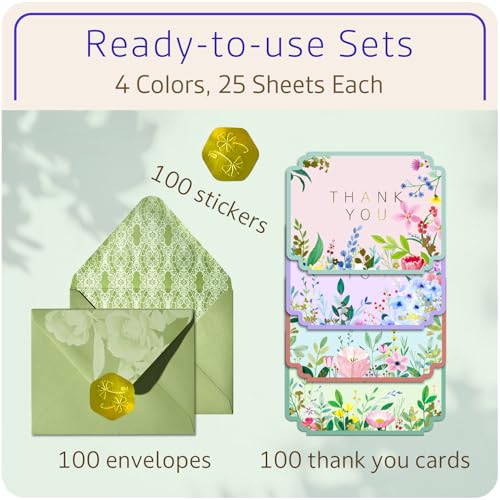 Floral Thank You Cards, Die-Cut Gold Foil, 100 Cards with Envelopes